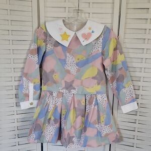 Raspberry Plum Colorful Long Sleeve Dress with Cats and Heart Accents Size 7/8 Y